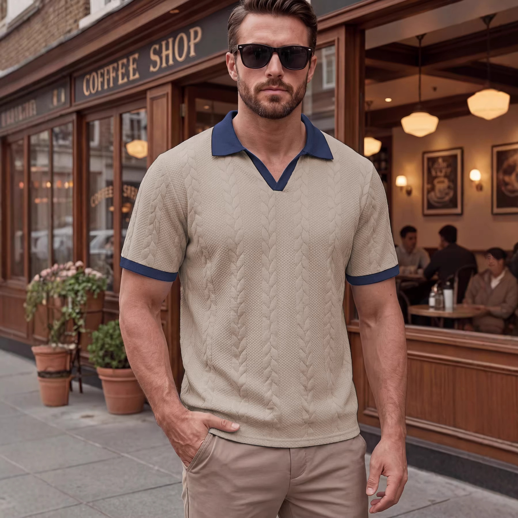 Patchwork Short-sleeved Solid-color Jacquard Casual Mens T-shirt - Image 9