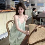Summer New Backless Halter-neck Strap Green Dress For Women