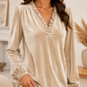 Ruffled-edge V-neck Long-sleeved Blouse