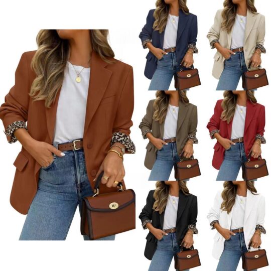 Contrast-color Leopard-print Lapel Casual Blazer