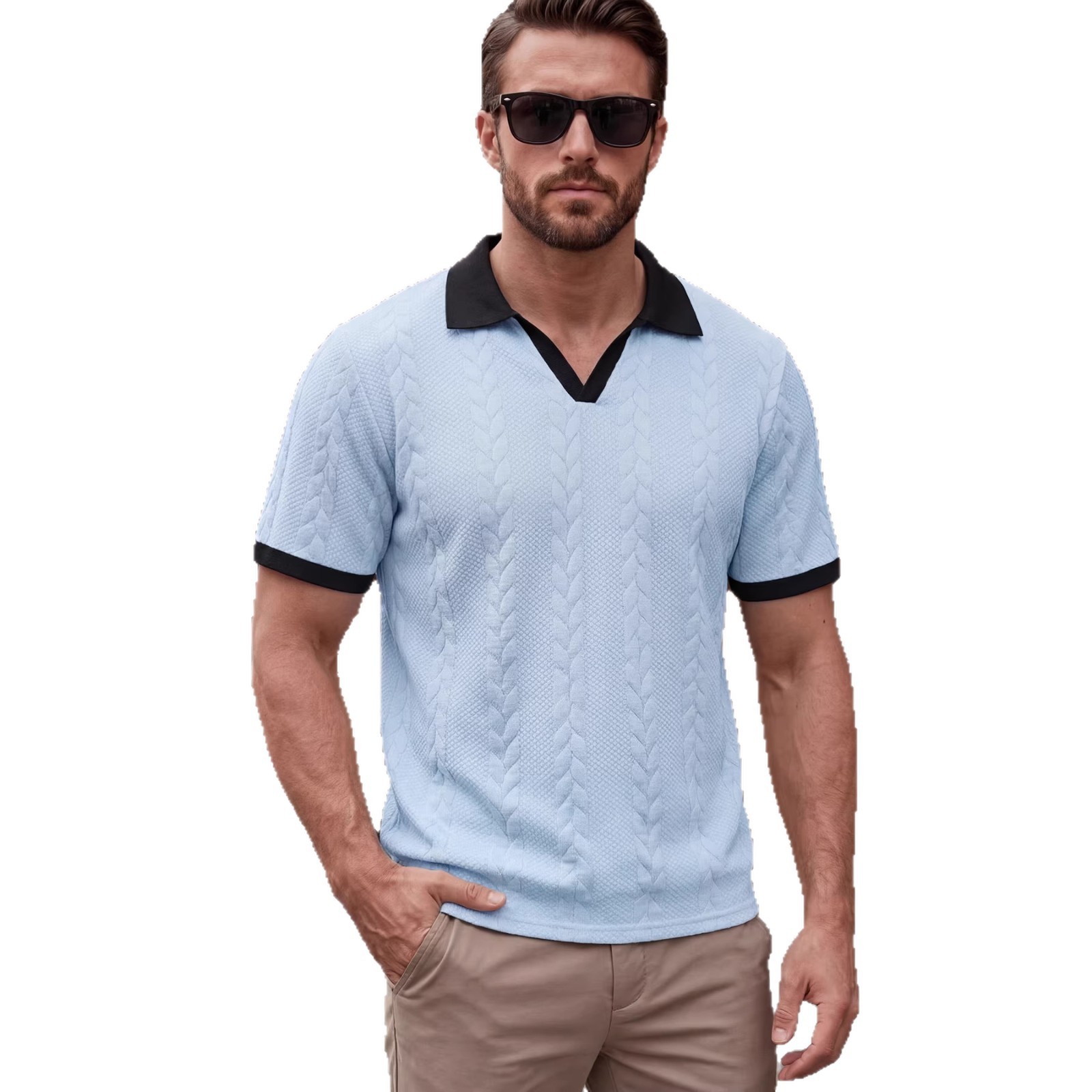 Patchwork Short-sleeved Solid-color Jacquard Casual Mens T-shirt - Image 5
