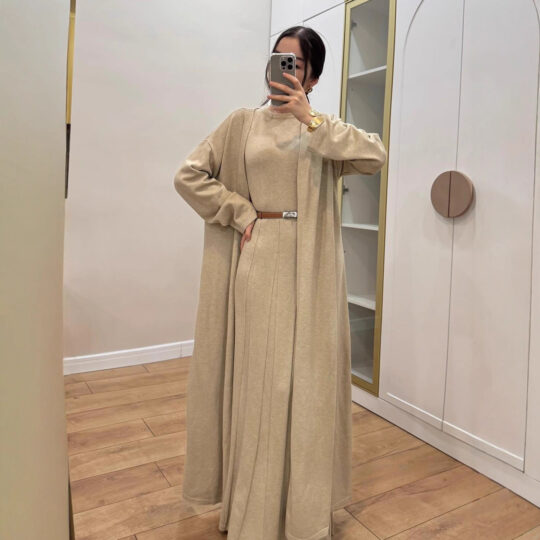 Autumn New Womens Round-Neck Dress And Long Cardigan Set