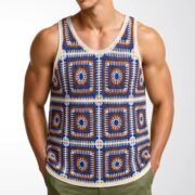 Men's Bohemian Color-block Crochet Vest, Vintage Check Sleeveless Knit Waistcoat, Cross-border Men's Apparel