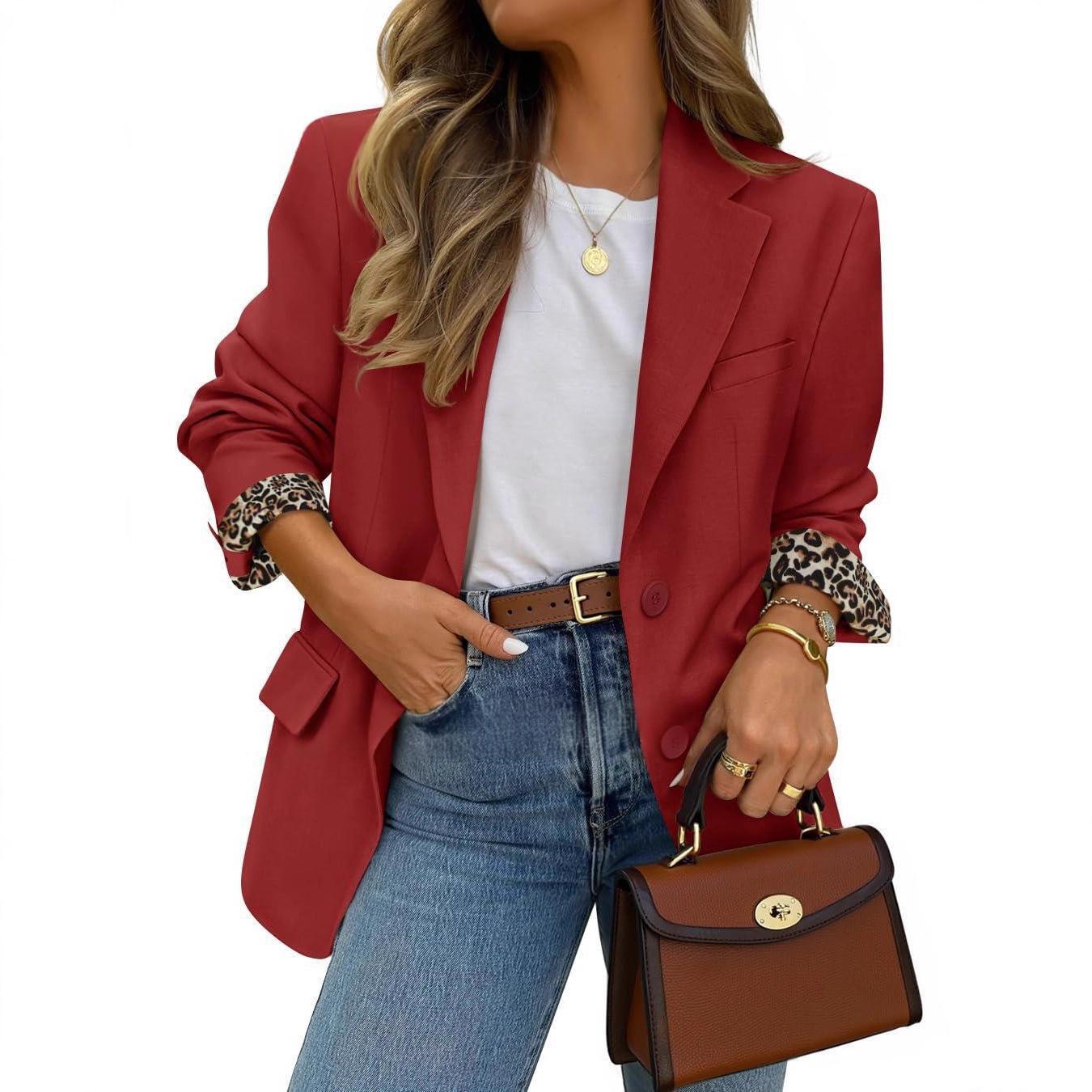Contrast-color Leopard-print Lapel Casual Blazer - Image 5