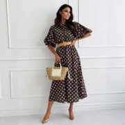 Womens Polka-dot Midi Dress With Three-quarter Sleeves