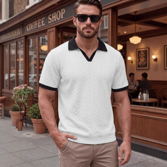 Patchwork Short-sleeved Solid-color Jacquard Casual Mens T-shirt