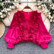 Socialite Court-Style Top With Puff Sleeves And Ruffled Hem