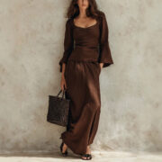 Womens Square-neck Loose-fit Long-sleeve Top And High-waisted Skirt Two-piece Set