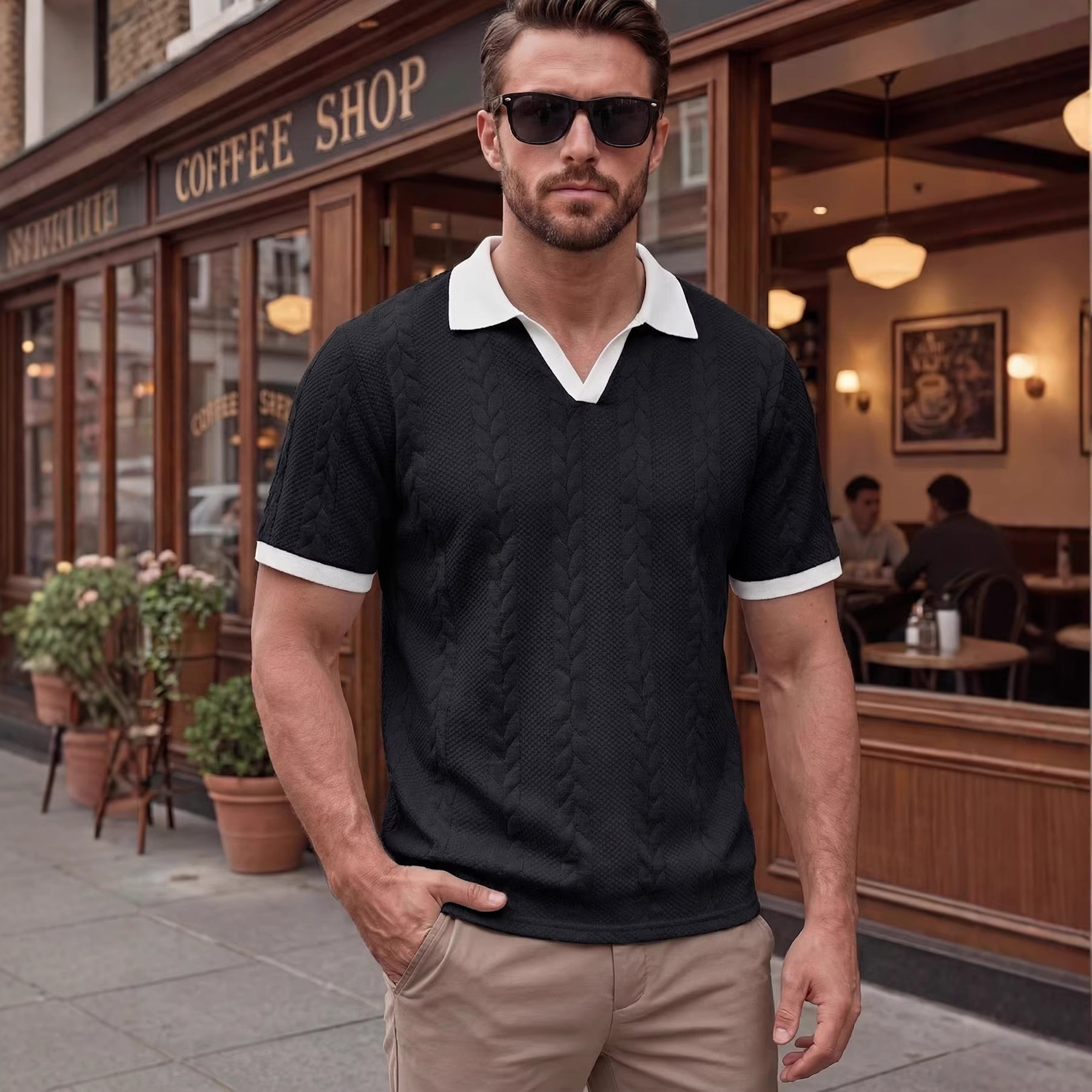 Patchwork Short-sleeved Solid-color Jacquard Casual Mens T-shirt - Image 3