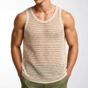 Men's Vintage Lazy Knit Hollow Vest, Versatile Mesh Sleeveless Top For Fitness, Export Apparel For Men