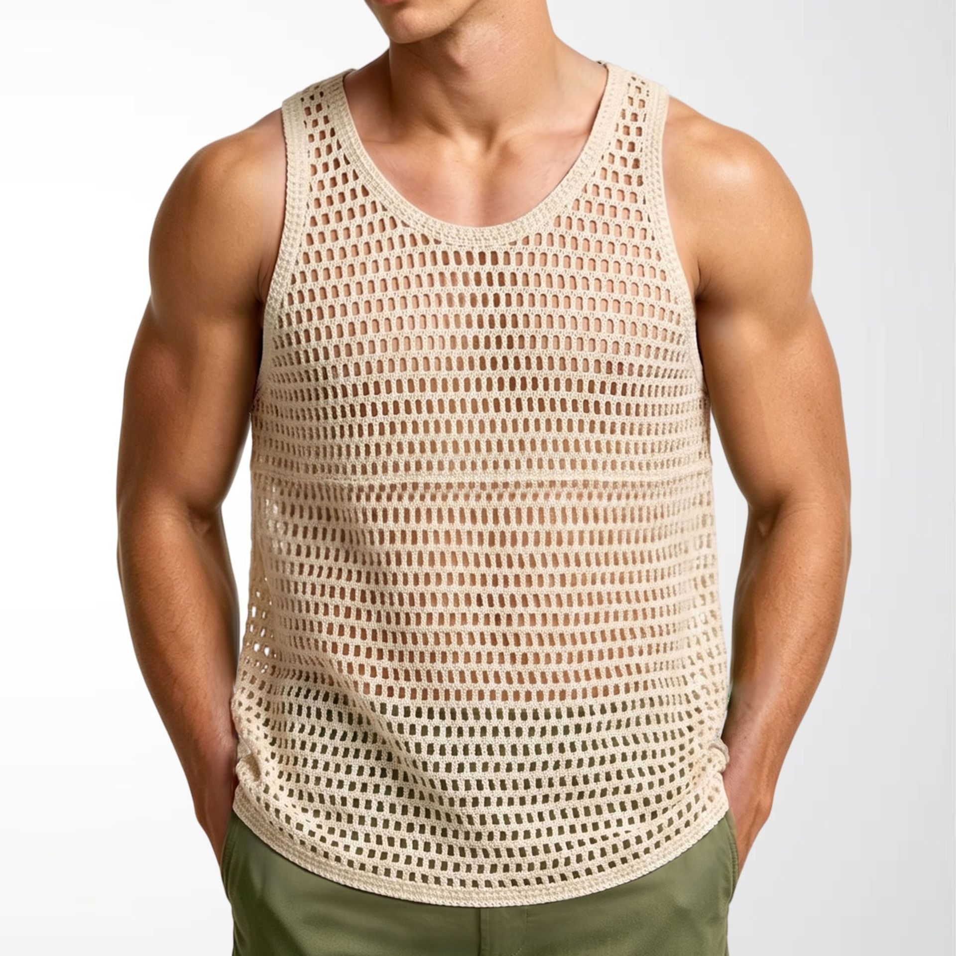 Men's Vintage Lazy Knit Hollow Vest, Versatile Mesh Sleeveless Top For Fitness, Export Apparel For Men