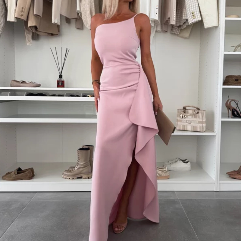 Summer New Womens One-Shoulder Slit Sexy Elegant Waist-Cinching Dress - Image 7