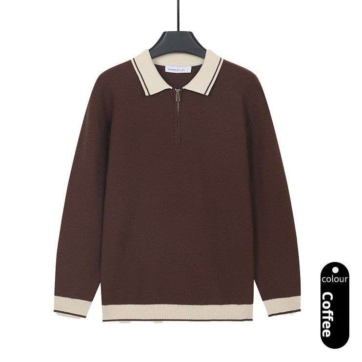 Mens Solid-Color Casual Top With Lapel And Half-Zip - Image 2