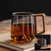 Guanshan Glass Single-layer Side Wooden Handle Drinking Cups Household Large-capacity Milk Tea Juice Single-layer Cup Kitchen Gadgets