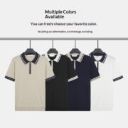 Mens Contrasting-Color Zip-Neck Knitted Short-Sleeve T-Shirt