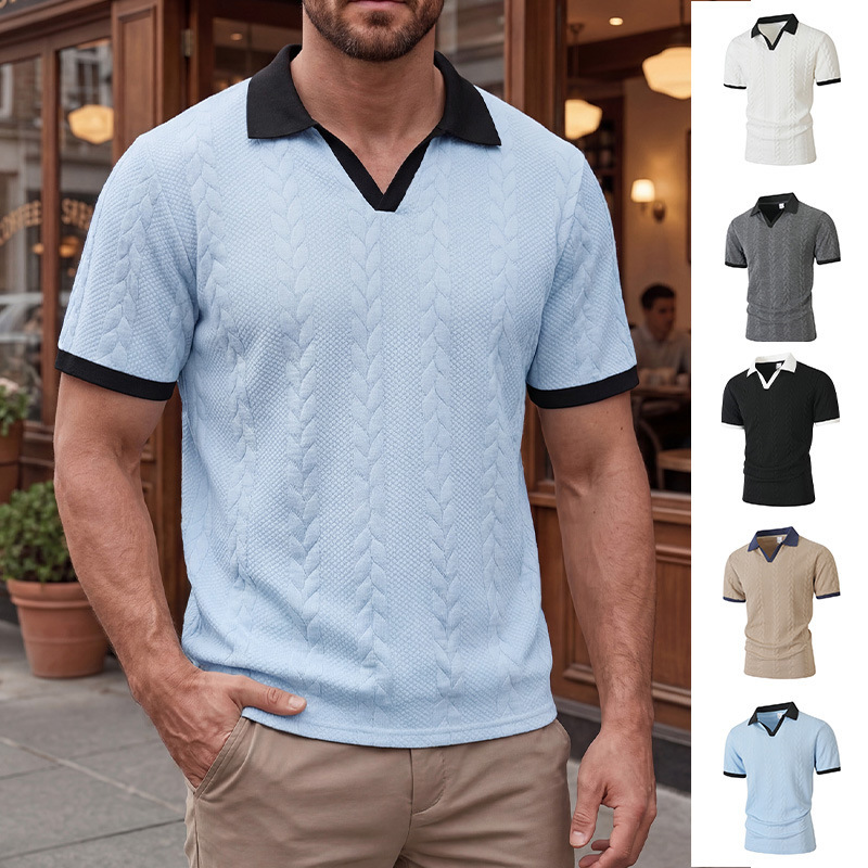 Patchwork Short-sleeved Solid-color Jacquard Casual Mens T-shirt - Image 7