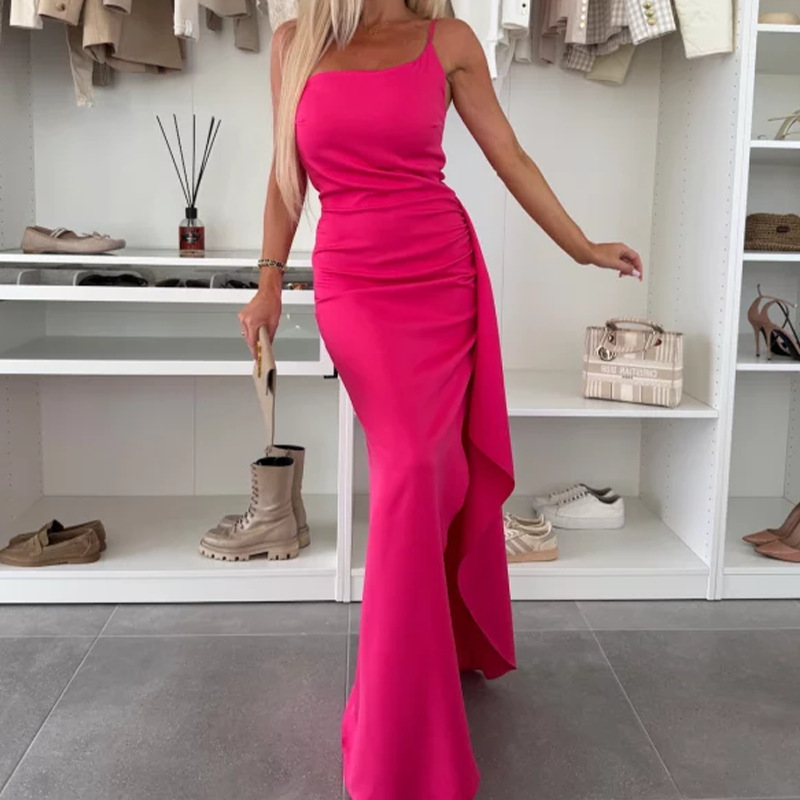 Summer New Womens One-Shoulder Slit Sexy Elegant Waist-Cinching Dress - Image 8