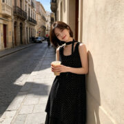 Elegant French-style Polka-dot Patchwork Asymmetrical Dress