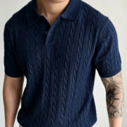 Cable-knit Polo Shirt Mens Short-Sleeve Casual Knitted T-Shirt