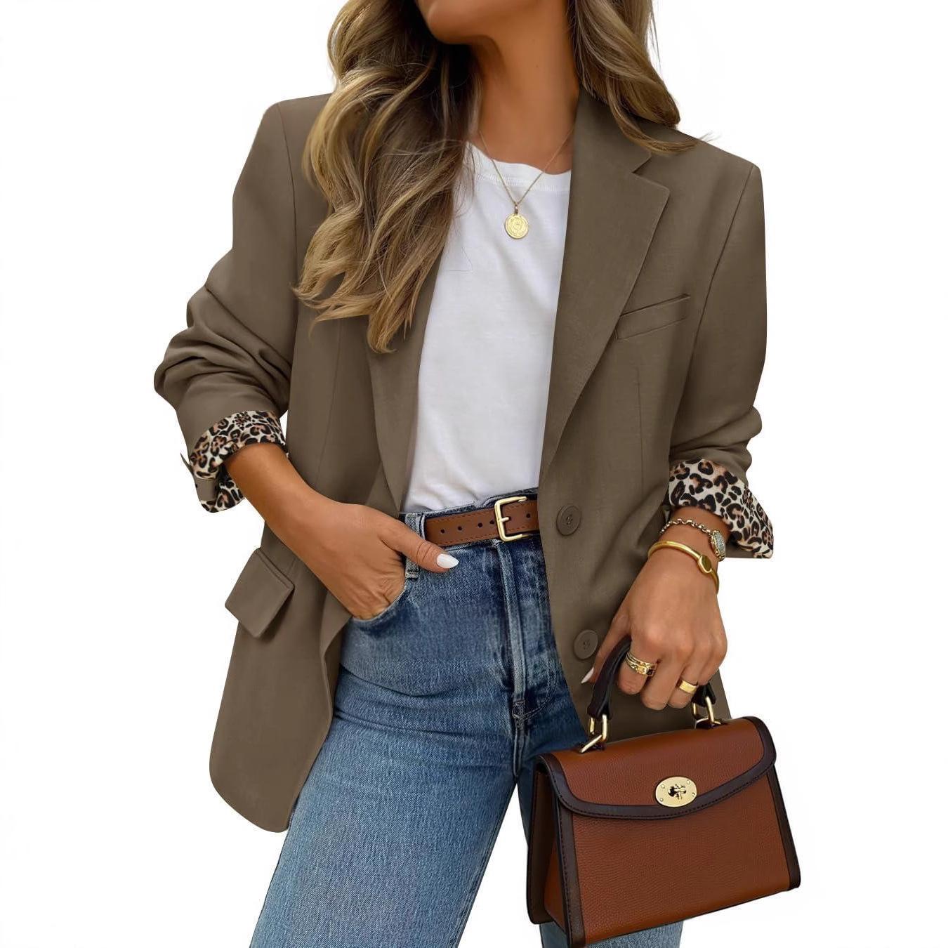 Contrast-color Leopard-print Lapel Casual Blazer - Image 3
