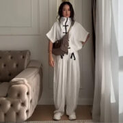 New Arrival Mandarin-collar Short-sleeve Buttoned Cardigan And Wide-leg Pants Two-piece Set