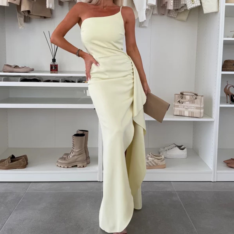 Summer New Womens One-Shoulder Slit Sexy Elegant Waist-Cinching Dress - Image 9