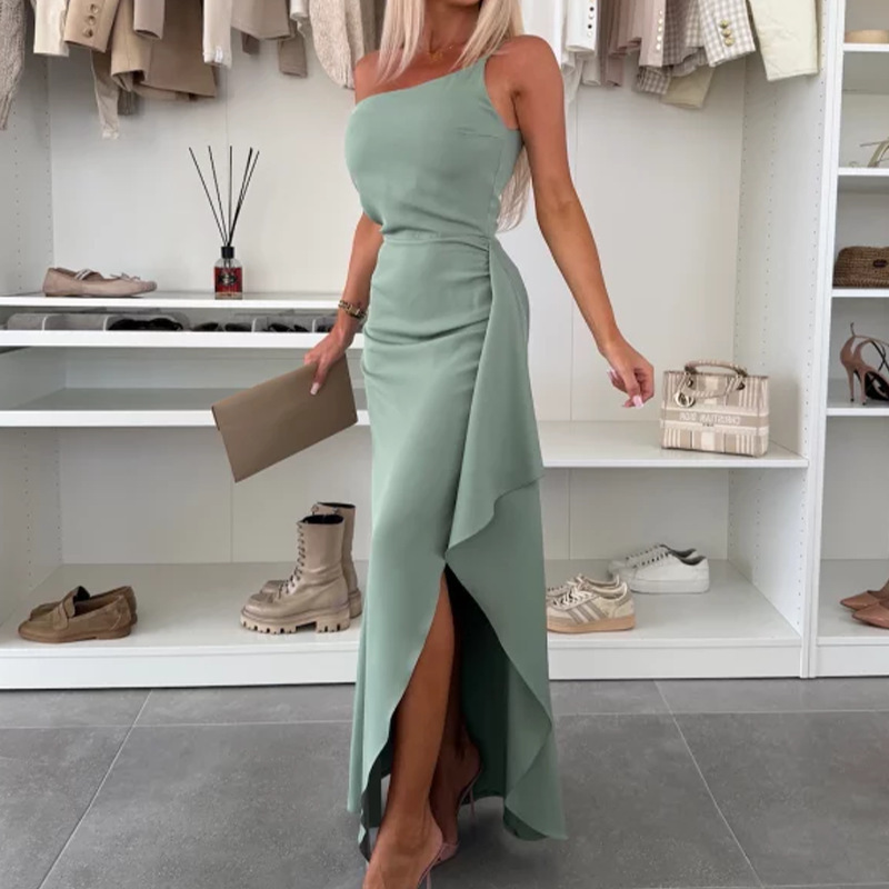 Summer New Womens One-Shoulder Slit Sexy Elegant Waist-Cinching Dress