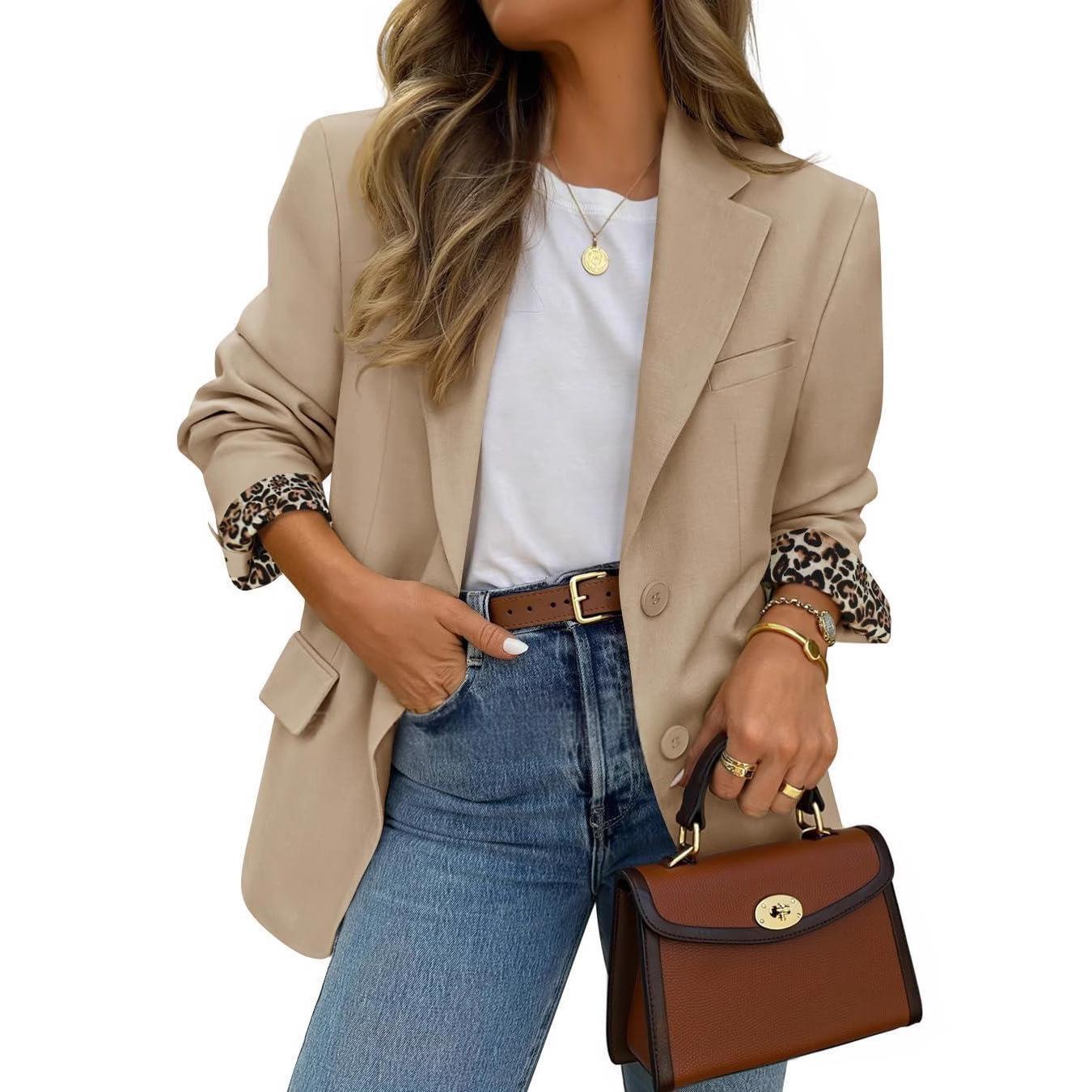 Contrast-color Leopard-print Lapel Casual Blazer - Image 4