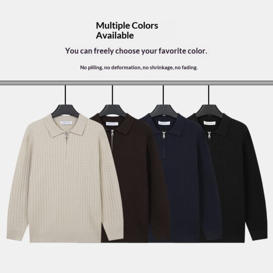 Mens Knitted Long-sleeve Top With A Lapel And Half-zip