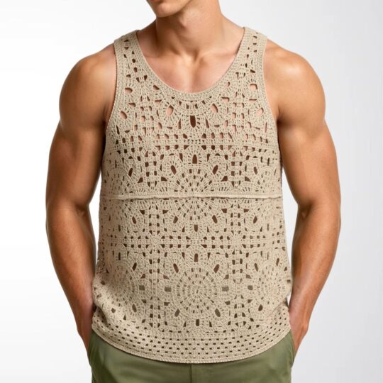 Vintage Crochet Hollow-out Sleeveless Vest, Loose Lazy Style Knit Casual Top For Summer, Cross-border Men's Clothing