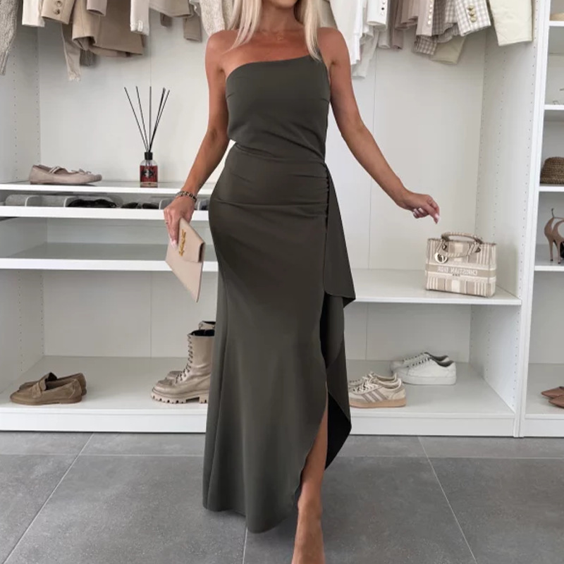 Summer New Womens One-Shoulder Slit Sexy Elegant Waist-Cinching Dress - Image 10