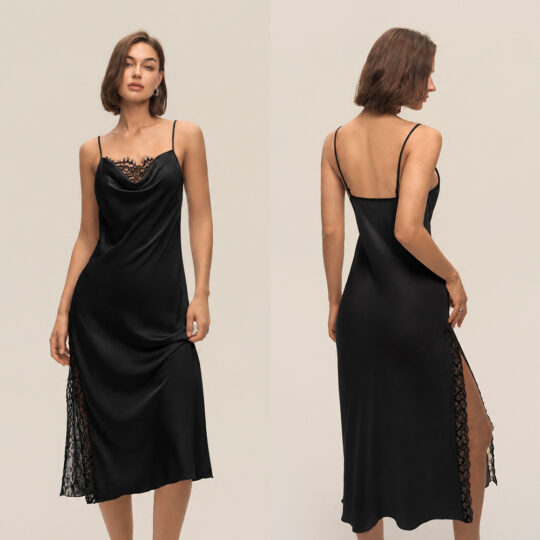 Satin Chiffon Patchwork Lace Sexy Strap Long Dress For Women