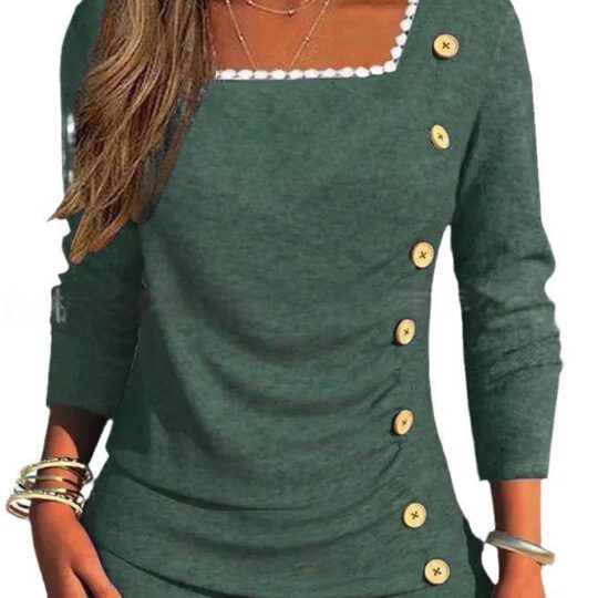 Square-neck Loose-fit Casual Long-sleeve With Buttons