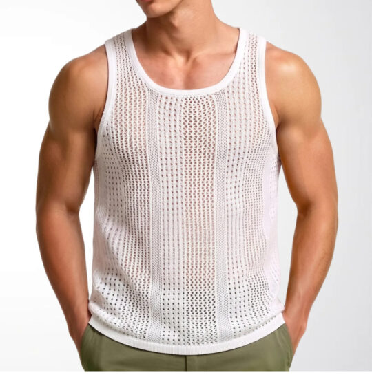New Summer Men's Sleeveless Knit Hollow-out Deep U-Neck Casual Tank Top
