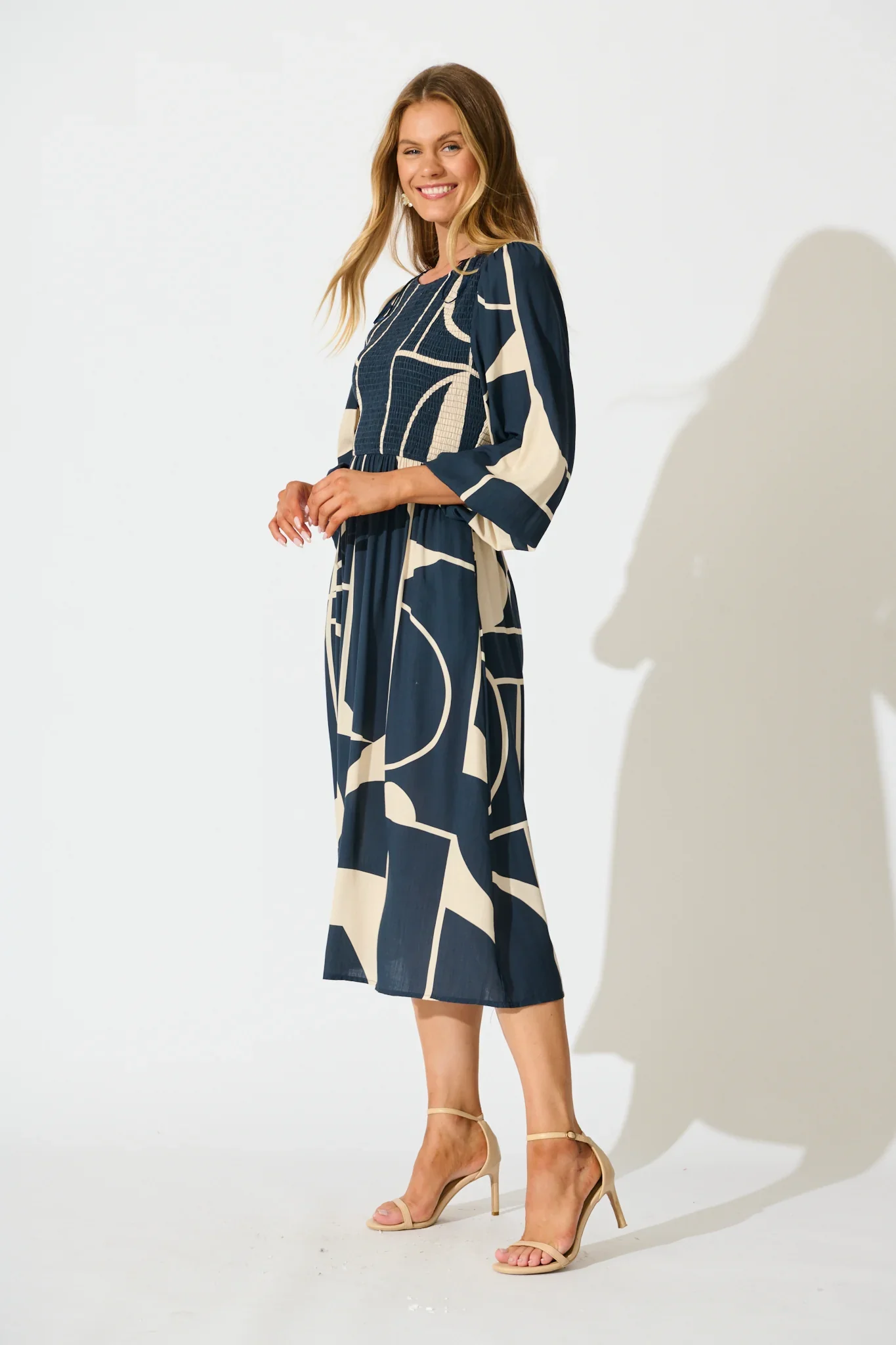 Calissa Midi Dress in Navy Linen Blend - Image 3