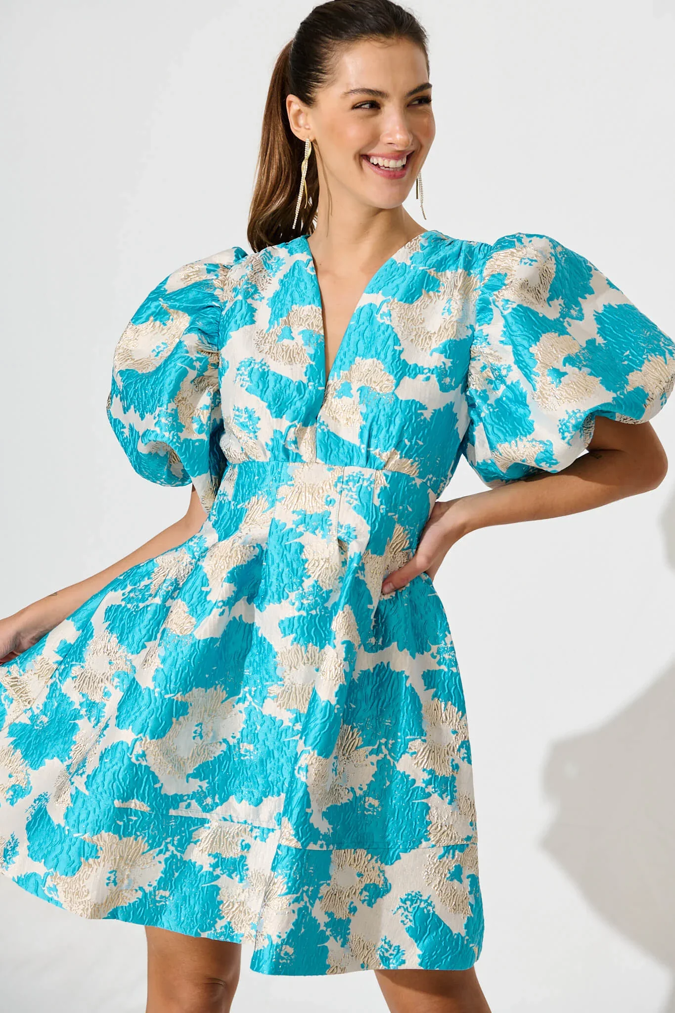 Paris Dream Dress – Gold Aqua Jacquard - Image 2